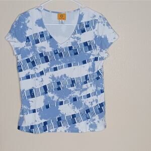 Ruby Rd. Womens Tiered Top Size M Blue White Tie Dye Striped Stretch Cotton